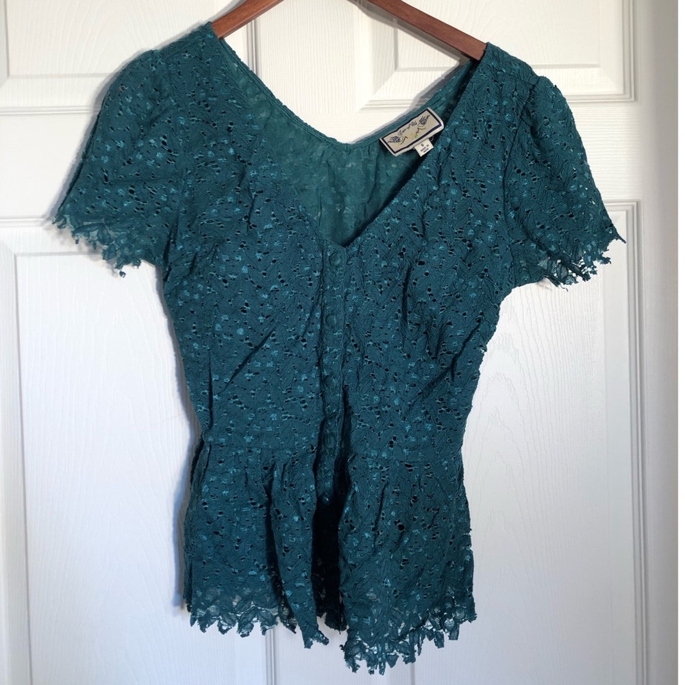 Anthropologie Blue Green Lace Peplum Top